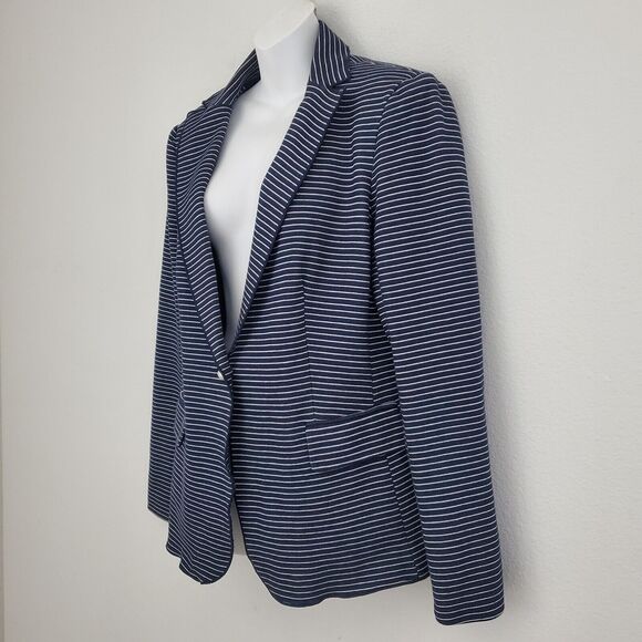 Tahari Women's Blazer 10 Blue Striped Pique Knit Pearls Nautical Business Office - Picture 7 of 12